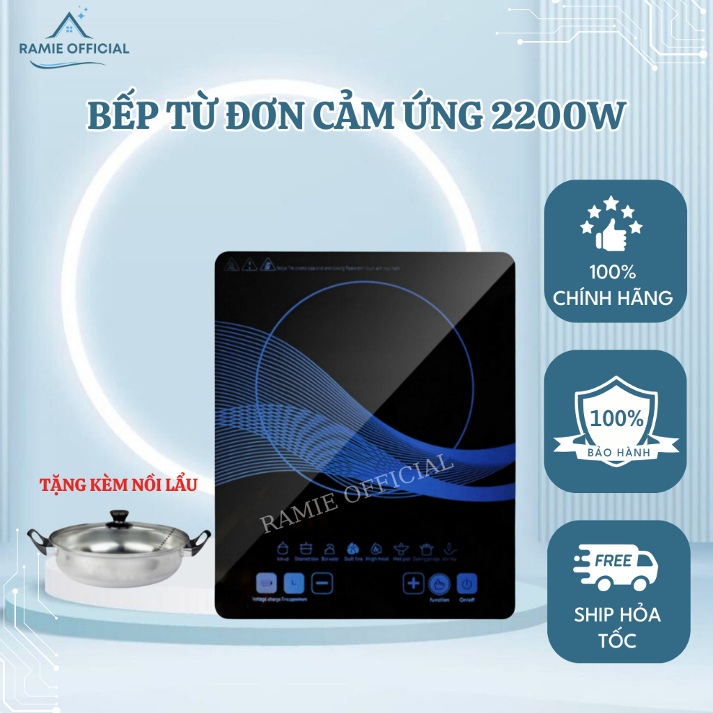 Bếp Từ Đơn 2200W Tặng Kèm Nồi Inox Bếp Từ PL Mặt Kính Cảm Ứng Chịu Lực Có Chức Năng Hẹn Giờ Bảo Hành 24 Tháng