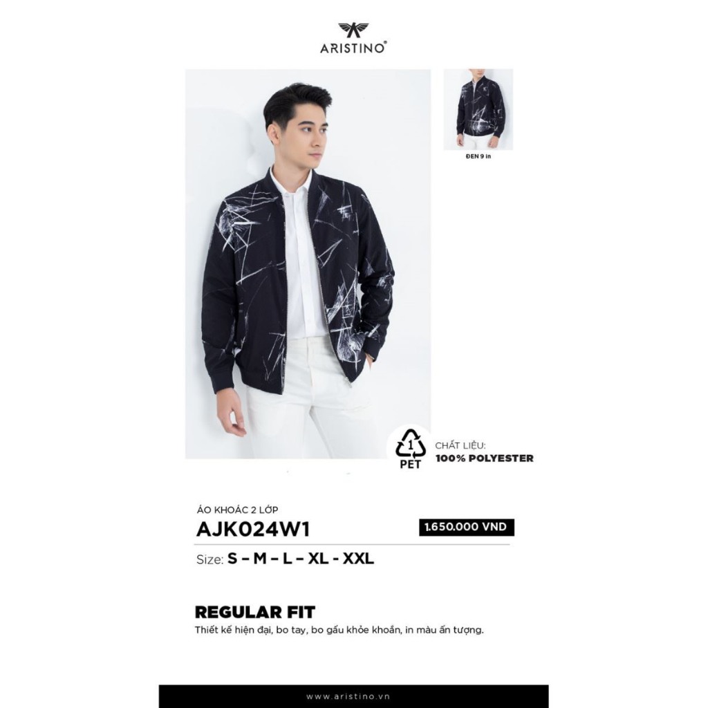 Áo khoác Aristino ẠK024W1 cổ bomber hai lớp xốp mềm phong cách - đen size Xl