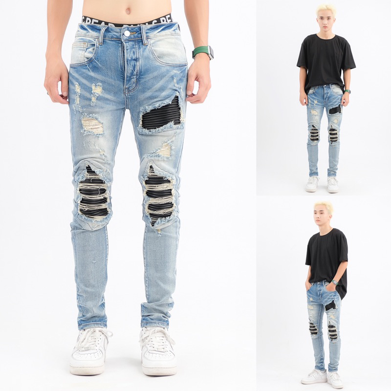 Quần Jeans Vá Da Đen AMIRI, 4 Cúc Màu Xanh Nhạt, Hàng Full Tag 3578