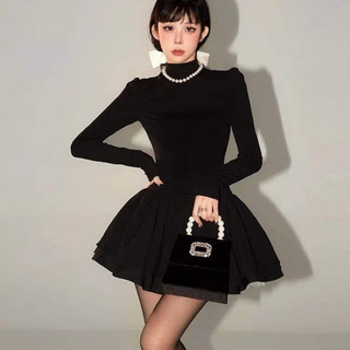 Váy thun cao cổ đen chân váy tacta xoè bồng, qccc loại 1