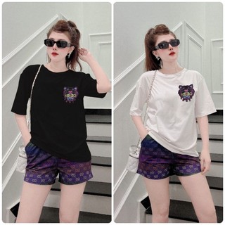 Set bộ đồ đùi form rộng áo thun cotton thêu phối quần thun lạnh in 3d họa tiết màu tím