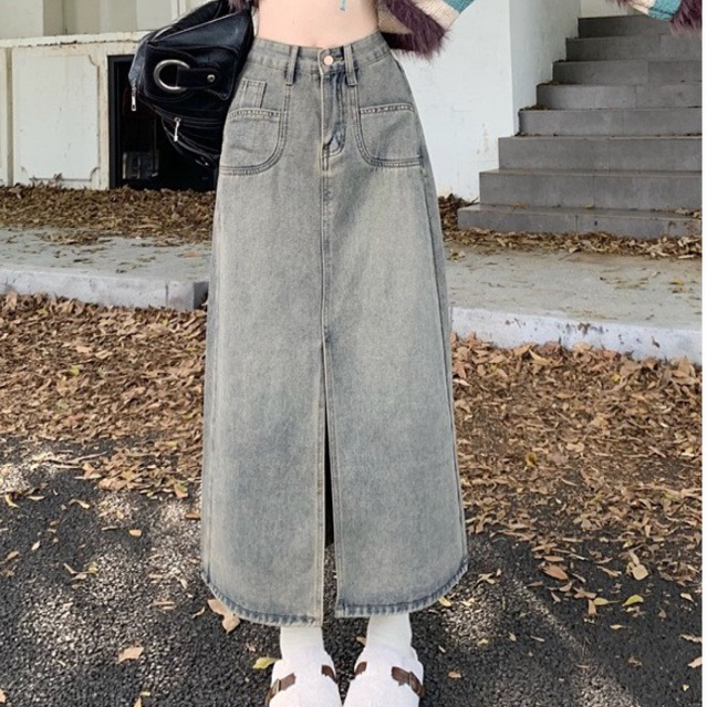 Chân váy demin nữ cạp cao dáng chữ A, chân váy jeans phối 2 túi trước siêu xinh phong cách Ulzzang V7 Shop Hạt Dẻ