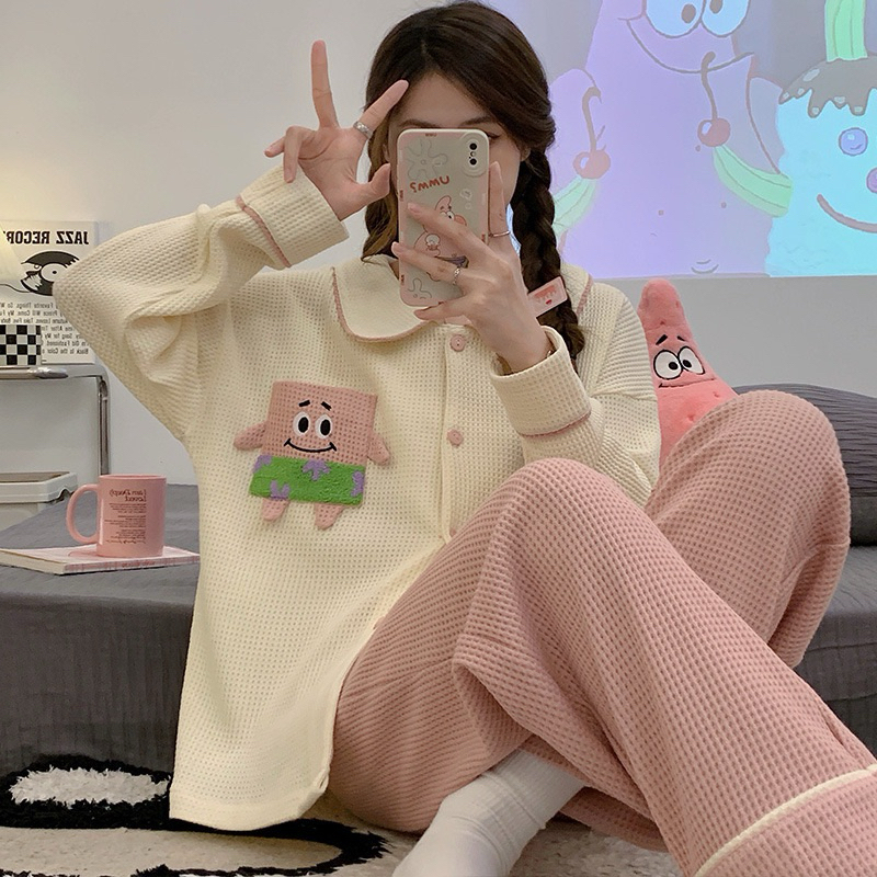 Bộ pyjama bộquần áo chất Waffle cổ bẻ bộ đồ ngủ tay dài chấtcotton thêu dễ thương thời trang xuân ,thu,đông cho nữ