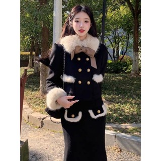 Set váy dạ tiểu thư mùa đông áo cardigan cổ lông tay lông + chân váy dài chất liệu dày dặn