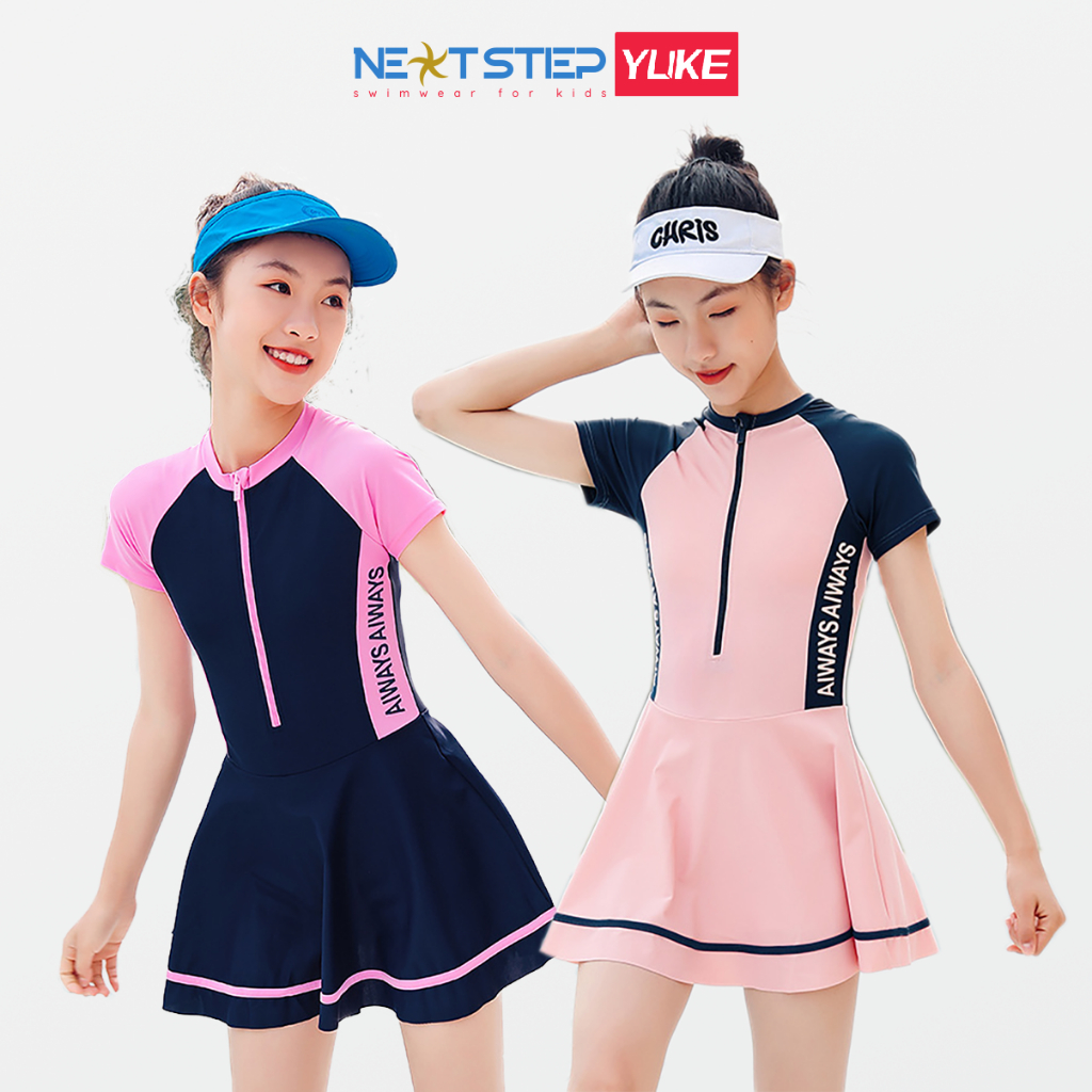 Đồ bơi bé gái YUKE mẫu liền thân chân váy tay ngắn chất vải mềm mại giúp bé vui chơi bơi lội size lớn từ 20kg đến 47kg