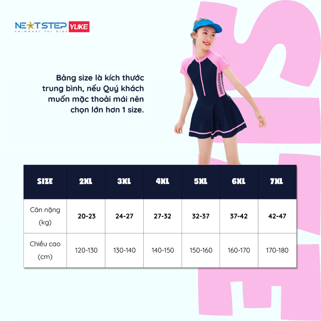 Đồ bơi bé gái YUKE mẫu liền thân chân váy tay ngắn chất vải mềm mại giúp bé vui chơi bơi lội size lớn từ 20kg đến 47kg
