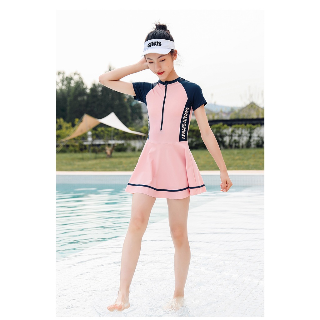 Đồ bơi bé gái YUKE mẫu liền thân chân váy tay ngắn chất vải mềm mại giúp bé vui chơi bơi lội size lớn từ 20kg đến 47kg