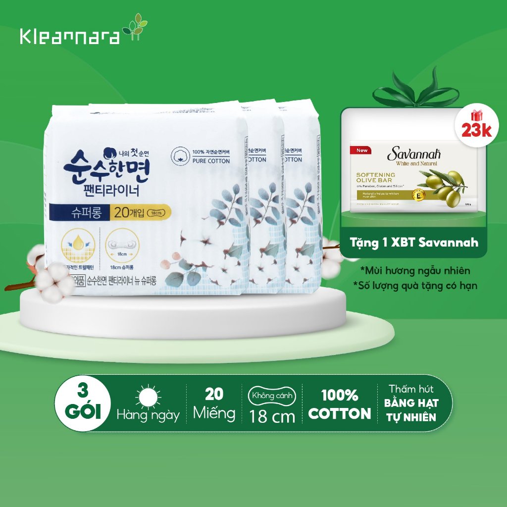 Combo 3 gói băng vệ sinh Kleannara Soonsoohan Hàn Quốc siêu mỏng hàng ngày 18cm - 20 miếng/gói không cánh