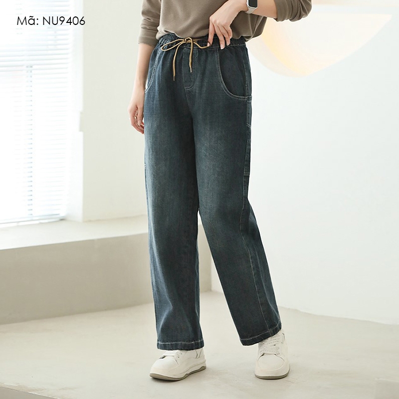 Quần baggy denim basic KAMAKA lưng thun dây rút túi sau lớn - NU9406