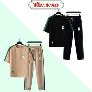 Bộ Quần Áo Thun Nam Nữ Áo Ngắn Tay Quần Dài Jogger In Chữ C Phong Cách Chất Tổ Ong  Set Thể Thao Mặc Nhà - TâmShop
