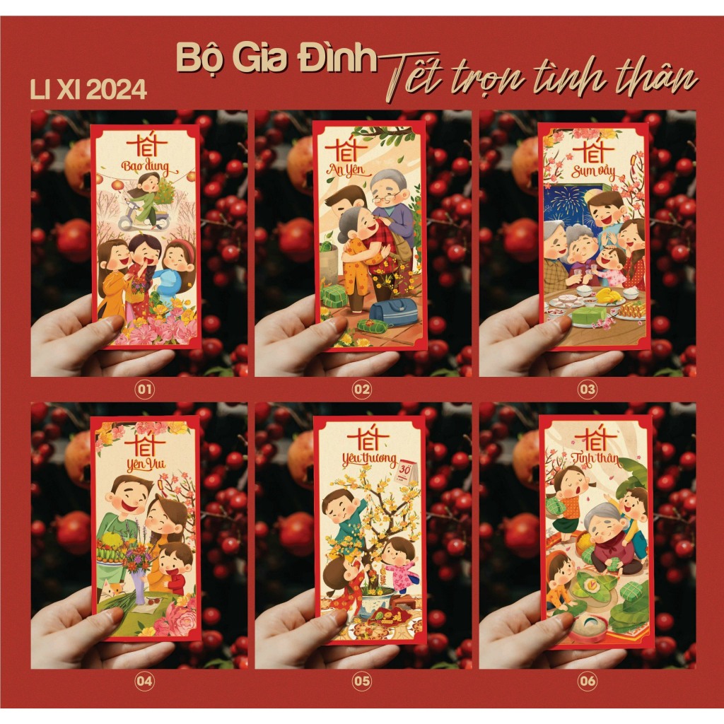 Combo 100 phong bao lì xì tết 2024 thiết kế gia đình ngày đầu năm mới hcom505