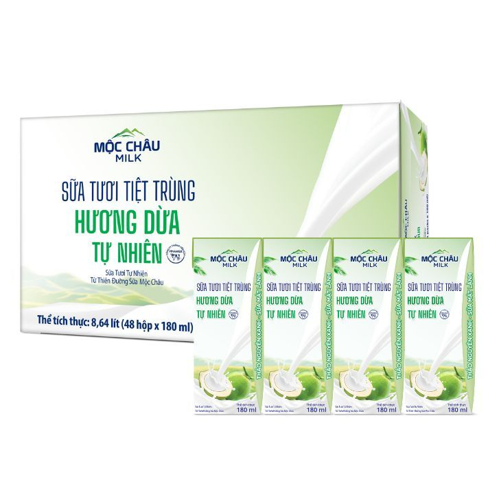 Thùng 48 hộp Sữa tươi tiệt trùng hương dừa Mộc Châu Milk (180ml x 48 Hộp)