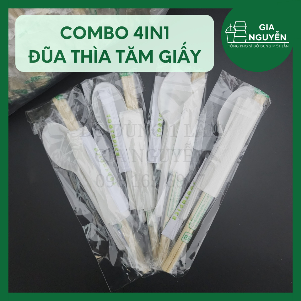 Bọc 100 Combo 4in1 Đũa Thìa Tăm Giấy Dùng 1 Lần Tiện Lợi Để Bán Đồ Ăn Online, Take Away