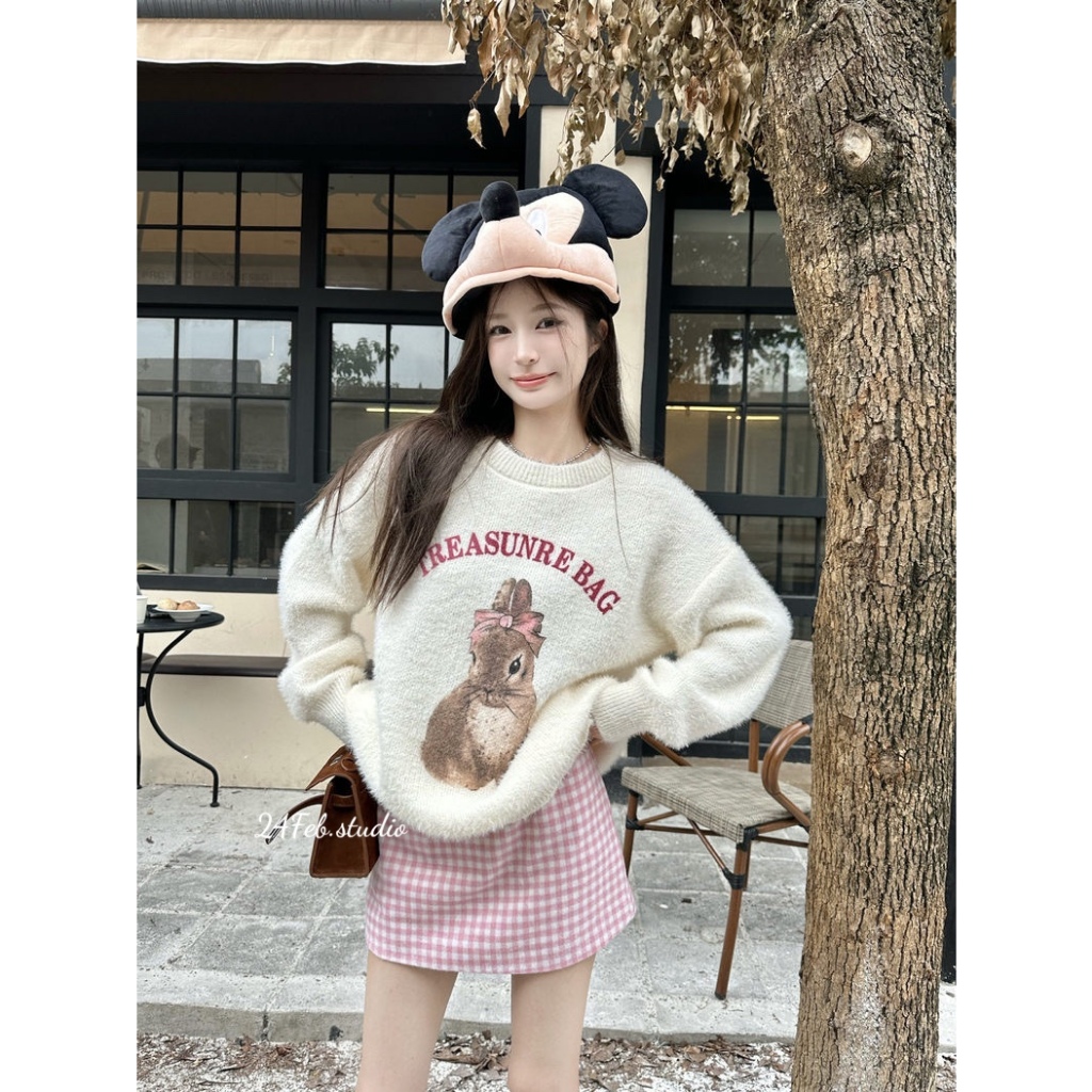 [AK69] Áo len lông thỏ hình thỏ phong cách ulzzang Hàn Quốc