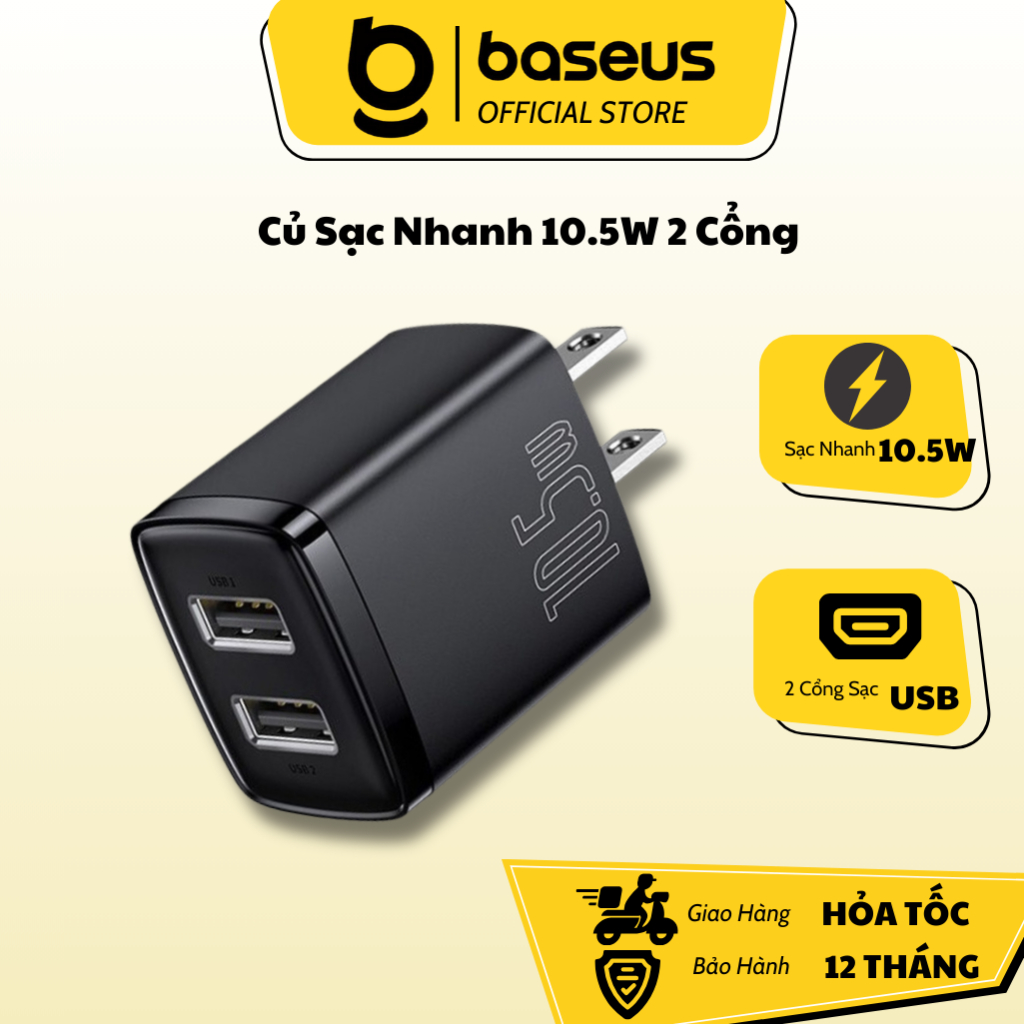 Củ Sạc Nhanh 2 Cổng USB 10.5W Baseus Compact Charger Cốc Dùng Cho Smartphone iP Samsung Xiaomi Oppo....