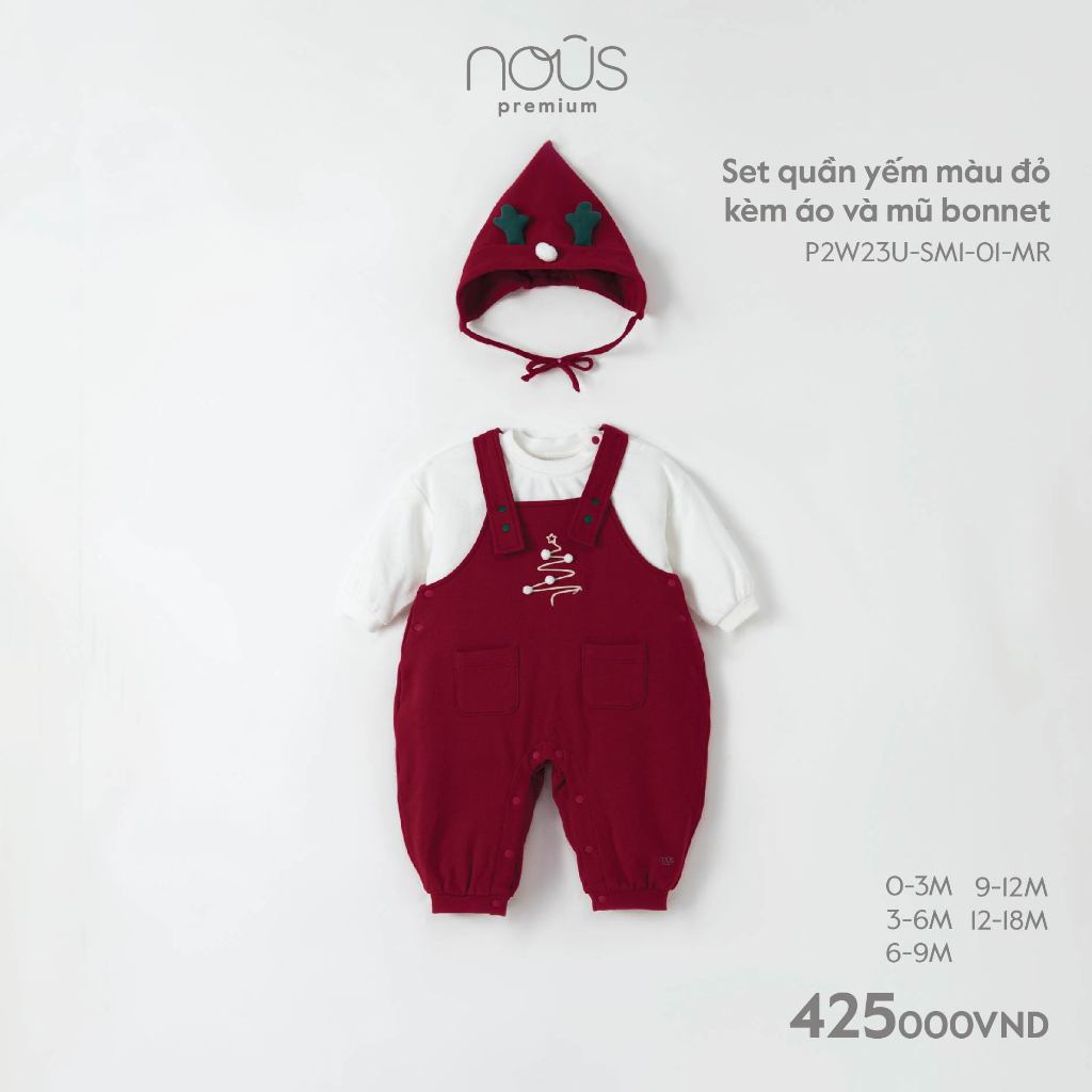 Nous NOUS XMAS - Set quần yếm màu đỏ kèm áo và mũ bonnet cho bé sơ sinh