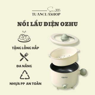 Nồi lẩu điện mini, nồi lẩu 2 tầng, nồi nấu mì OZHU kèm giá hấp đa năng nướng, luộc, chiên chống dính dung tích 1,8L