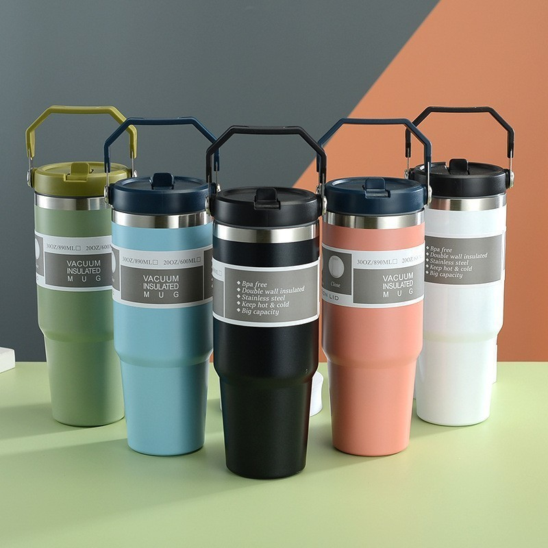 Cốc giữ nhiệt cầm tay quai xách 900ml kèm ống hút tiện lợi inox 304, ly giữ nhiệt trơn quai xách