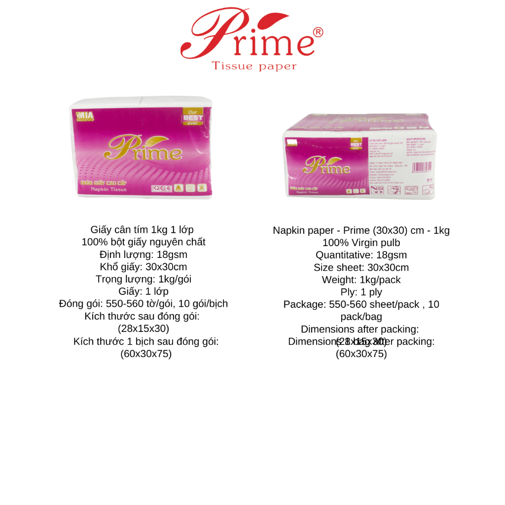 GIẤY ĂN GIẤY VUÔNG PRIME  KHỔ 30x30  - COMBO 2 GÓI MÀNG TÍM