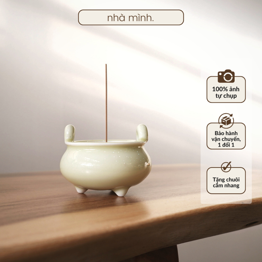 Lư Hương Gốm Mini Màu Vàng Nhạt, Tặng Kèm Chuôi Cắm Nhang, Lư Cắm Nhang, Xông Trầm Bằng Gốm Đặt Bàn Thờ Nhỏ