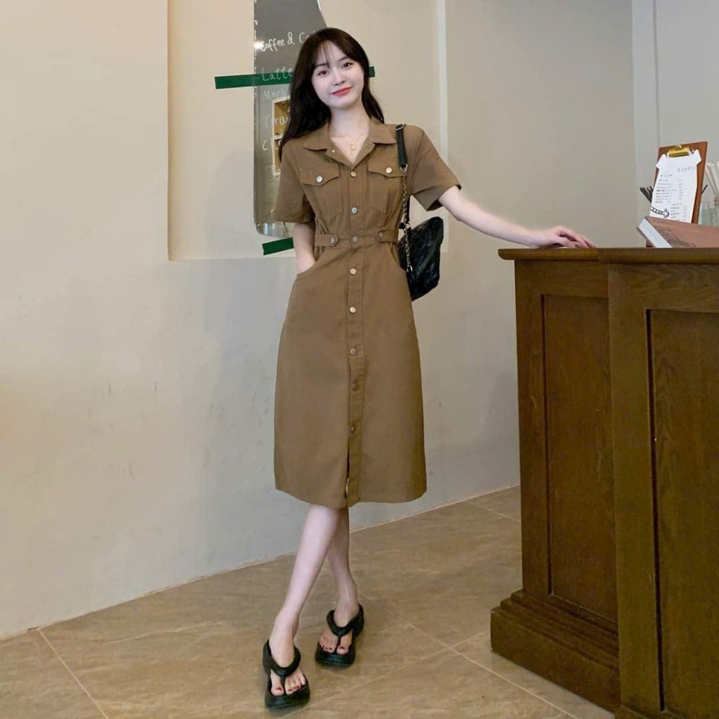 *Đầm thời trang nữ dự tiệc sang trọng chất kaki cổ sơmi đính nút dọc 2 túi trước tay ngắn dáng váy dài maxi trẻ trung