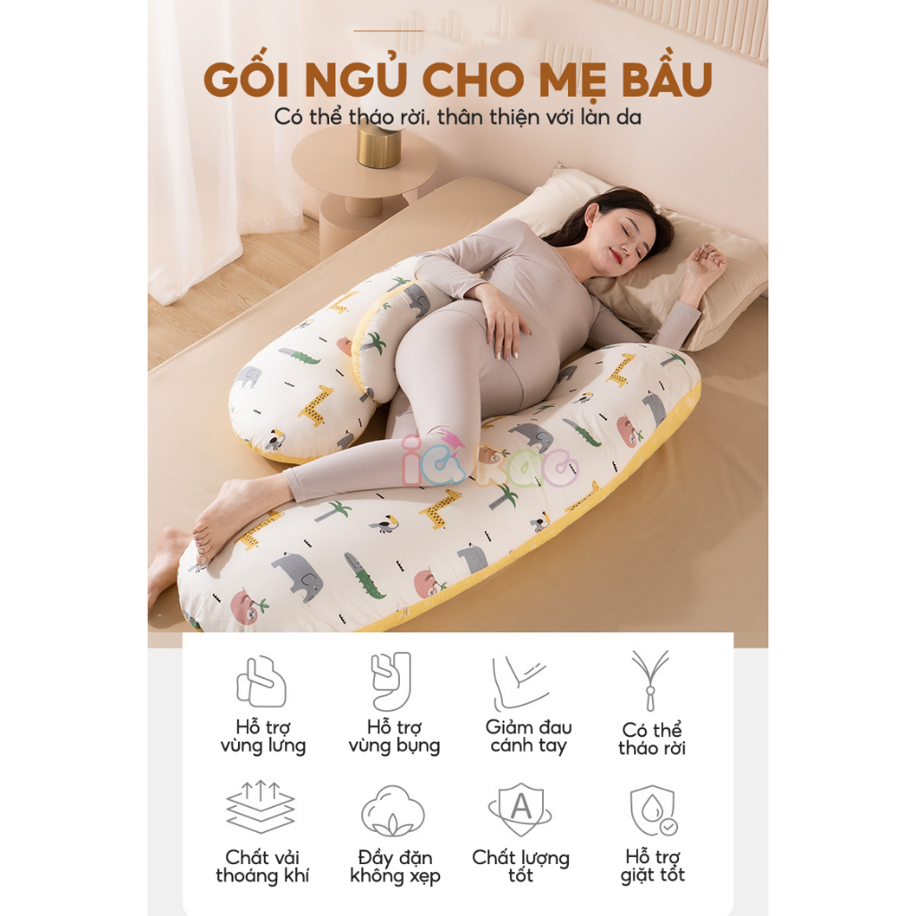 Gối ôm bà bầu IQ Kao BI04 cao cấp thiết kế công thái học cải thiện giấc ngủ, đỡ bụng gác chân vỏ gối vải an toàn