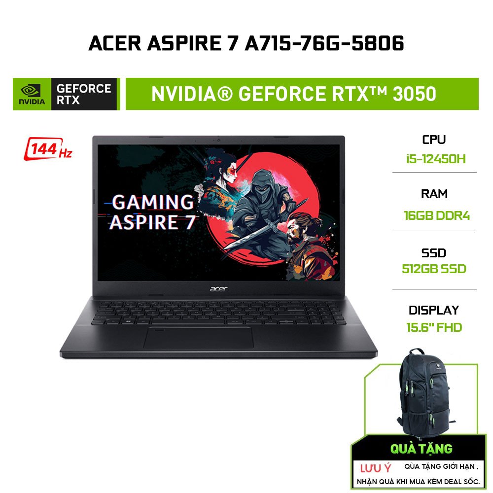 Laptop Acer Aspire 7 A715-76G-5806 i5-12450H|16GB|512GB|RTX™ 3050 4GB|15.6'