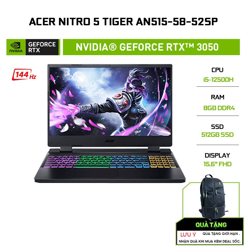 [Mã ELGAMEAPR10B giảm 12%] Laptop Acer Nitro 5 Tiger AN515-58-52SP i5-12500H 8GB 512GB RTX™ 3050 4GB 15.6' 144Hz