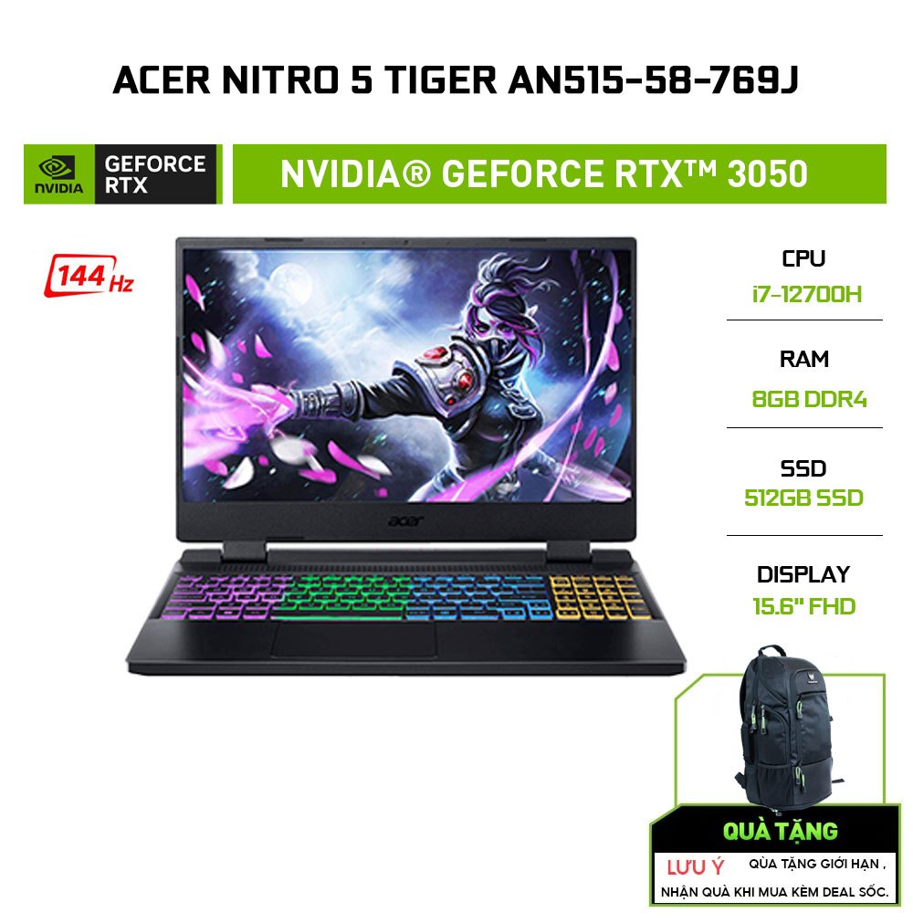 Laptop Acer Nitro5 Tiger AN515-58-769J i7-12700H| 8GB| 512GB| Geforce RTX3050 4GB