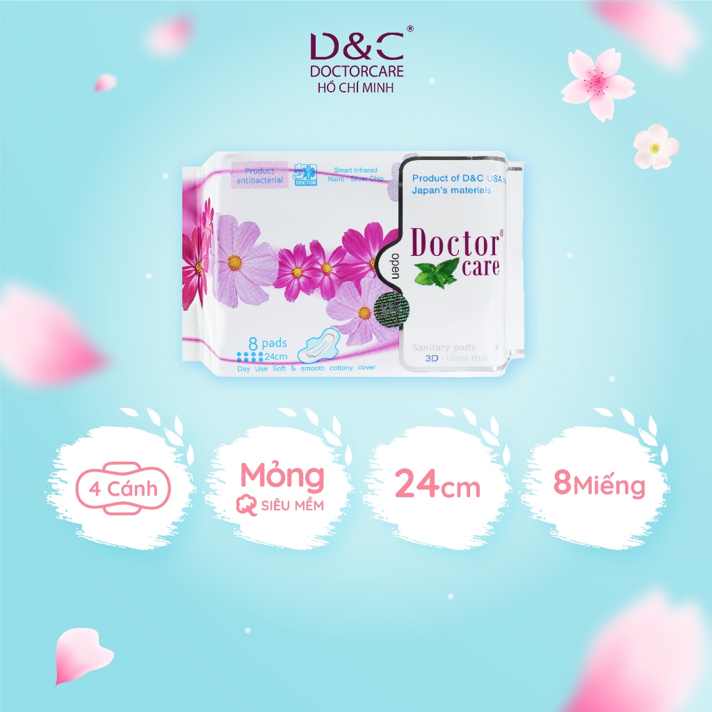 Băng vệ sinh thảo dược D&C Doctor Care ban ngày 24cm siêu thấm hút, the mát, sảng khoái - Gói 8 miếng