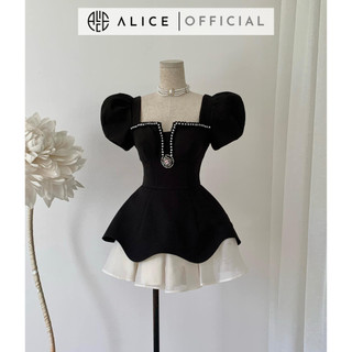 Váy tafta cao cấp phối tơ cổ vuông alice đính đá trước ngực, chất liệu tafta sang trọng thiết kế tiểu thư v957