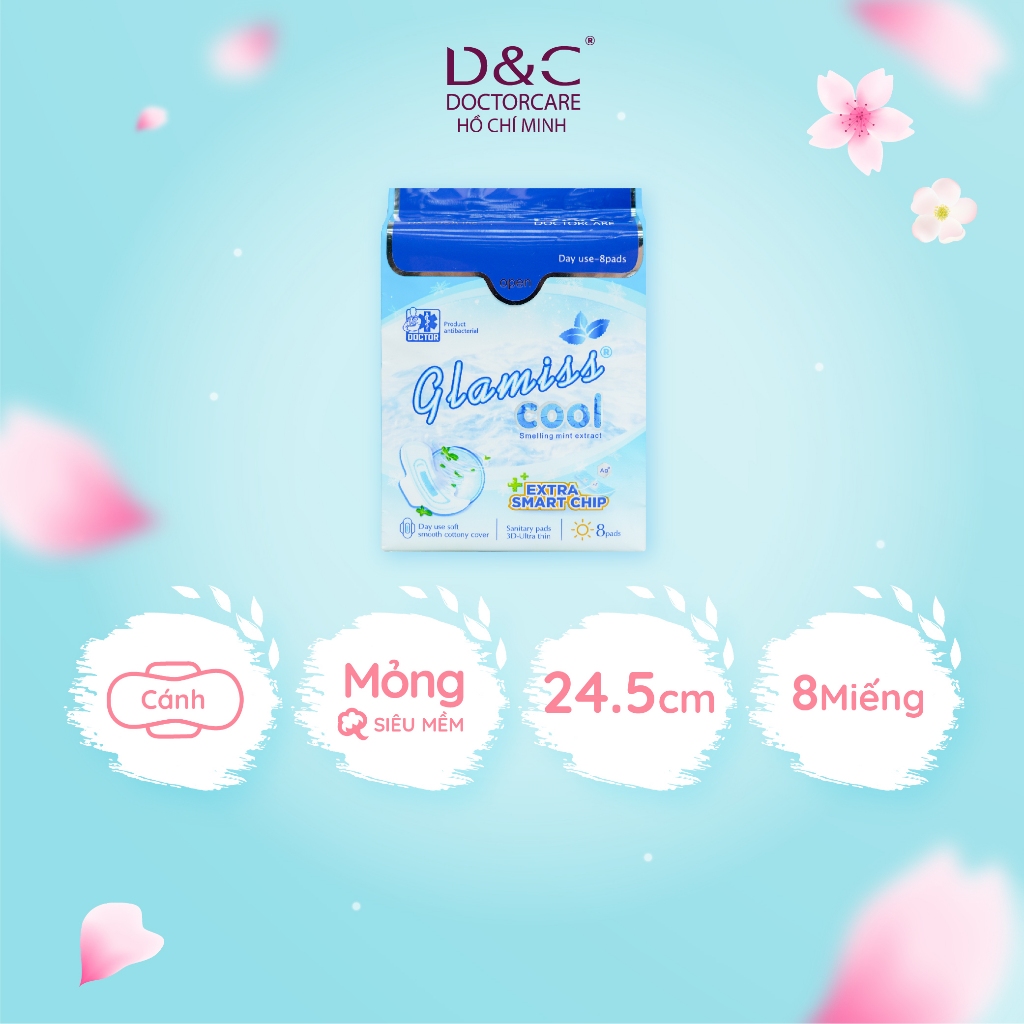 Băng vệ sinh thảo dược Glamiss Cool Extra ban ngày 24.5 cm siêu thấm hút, the mát, sảng khoái - Gói 8 miếng