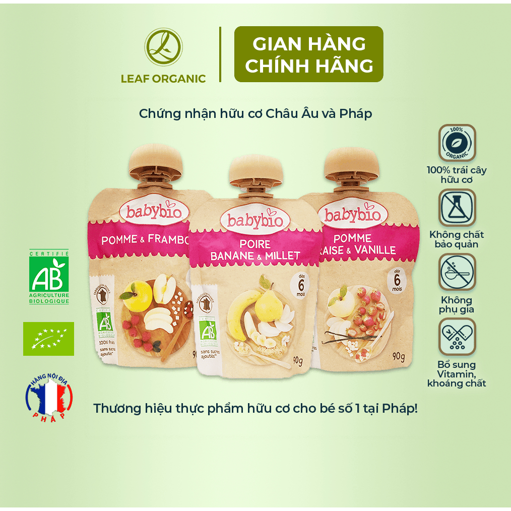 Trái cây nghiền hữu cơ cho bé Babybio 90g từ 6 tháng tuổi