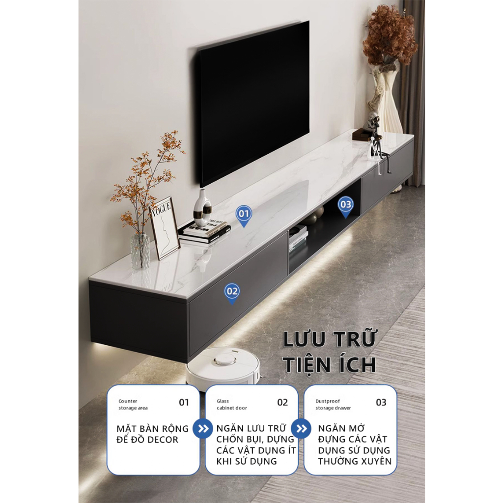 Kệ tivi 2 cánh lật treo tường màu đen mặt vân đá - GP303