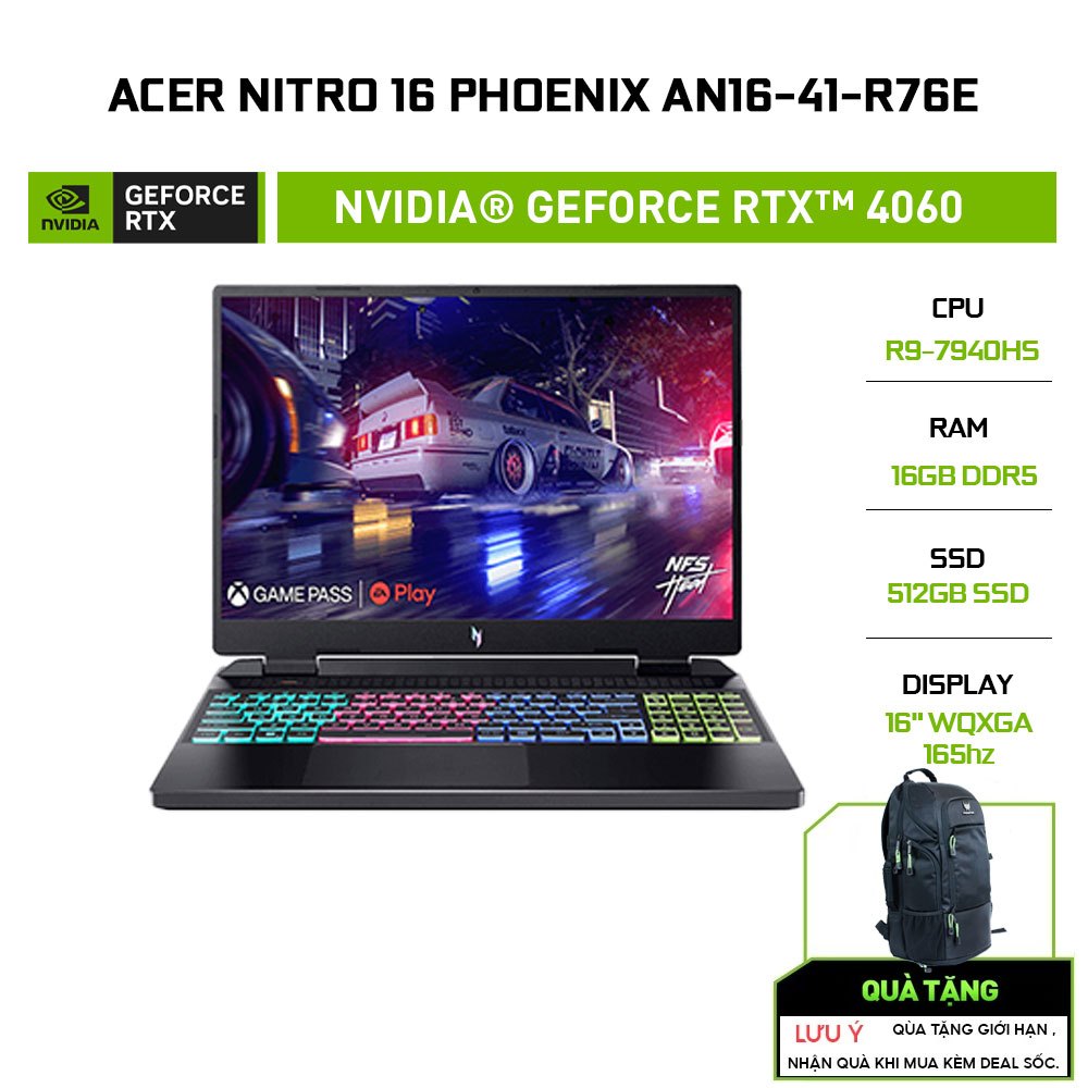 Laptop Acer Nitro 16 Phoenix AN16-41-R76E R9-7940HS|16GB|512GB|RTX™ 4060 8GB|16'