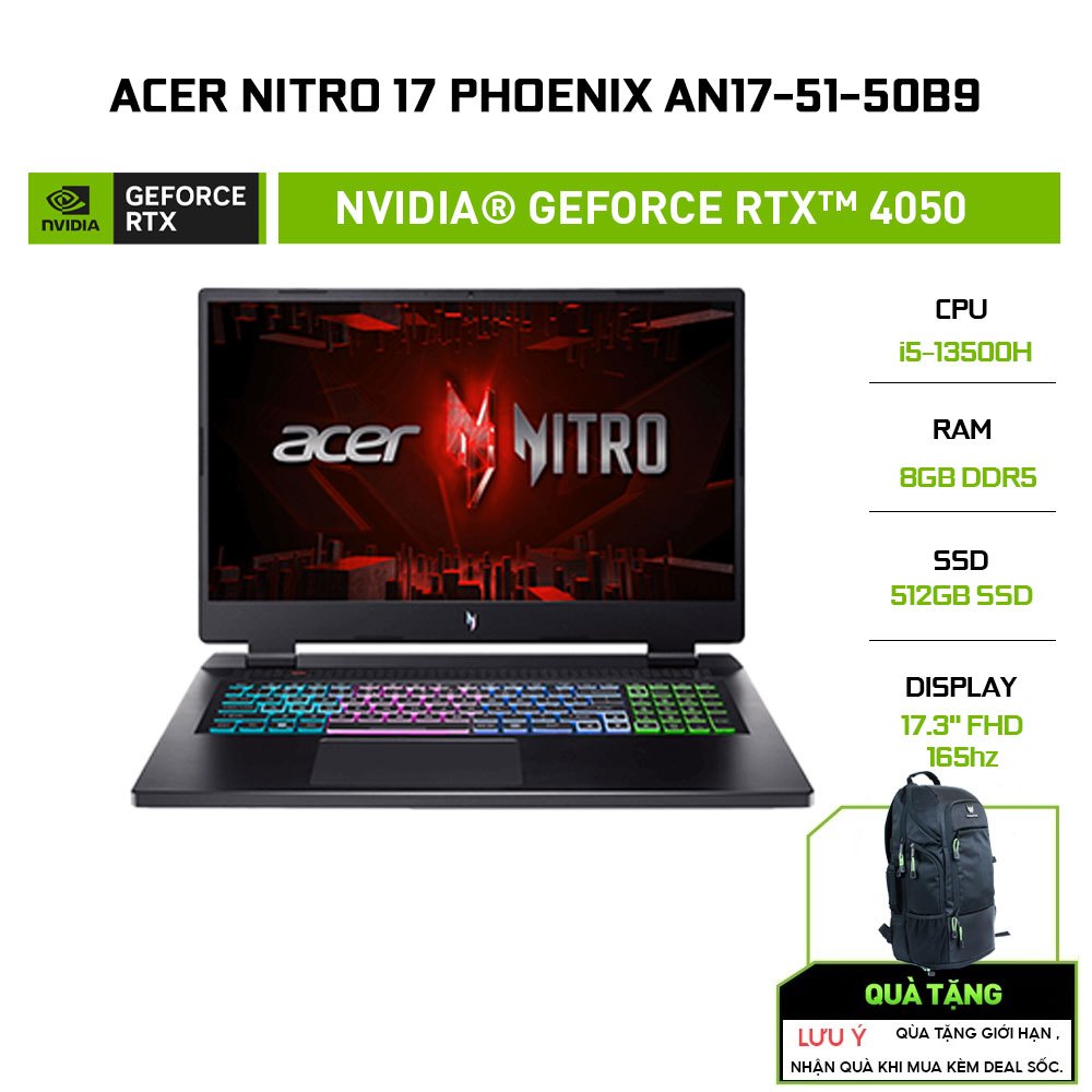Laptop Gaming Acer Nitro 17 Phoenix AN17-51-50B9 i5-13500H |8GB | 512GB |GeForce RTX™ 4050 6GB |17.3' FHD 165Hz 100%sRGB