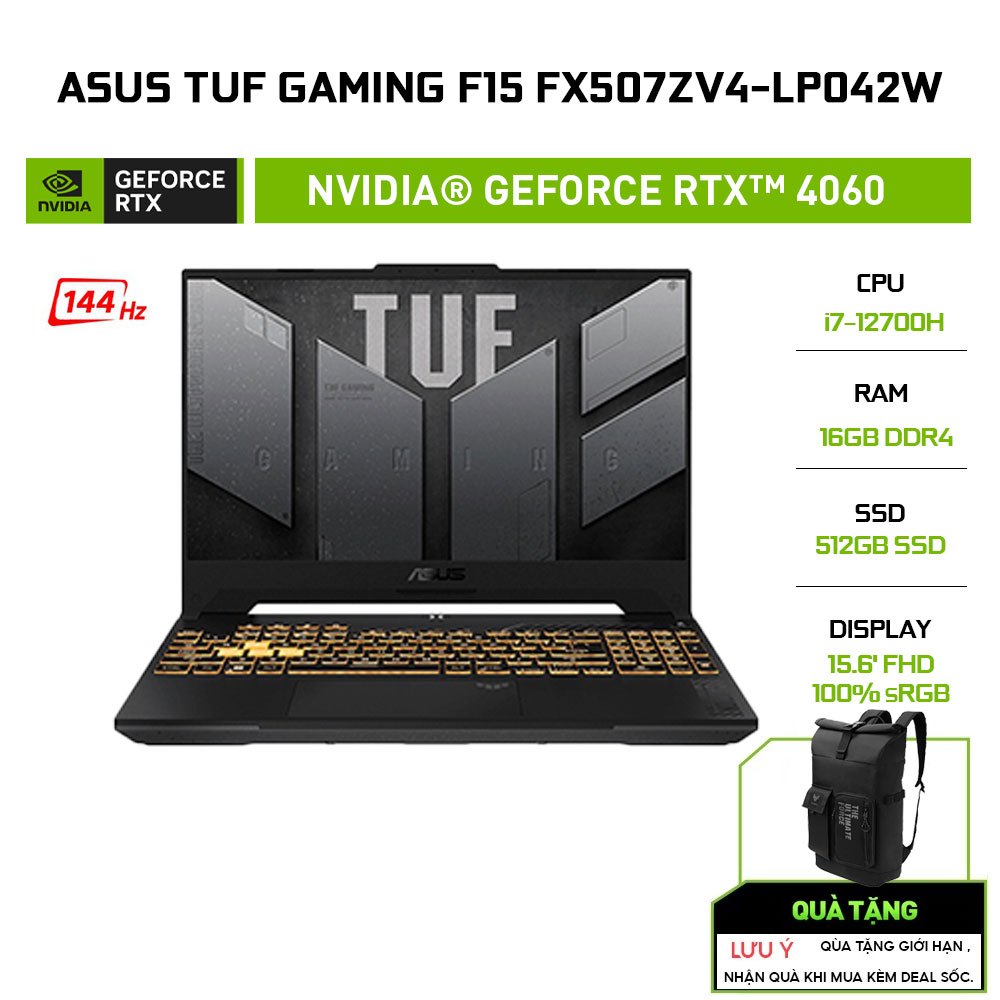 Laptop ASUS TUF Gaming F15 FX507ZV4-LP042W i7-12700H | 16GB | 512GB | GeForce RTX™ 4060 8GB | 15.6' FHD 144Hz 100% sRGB