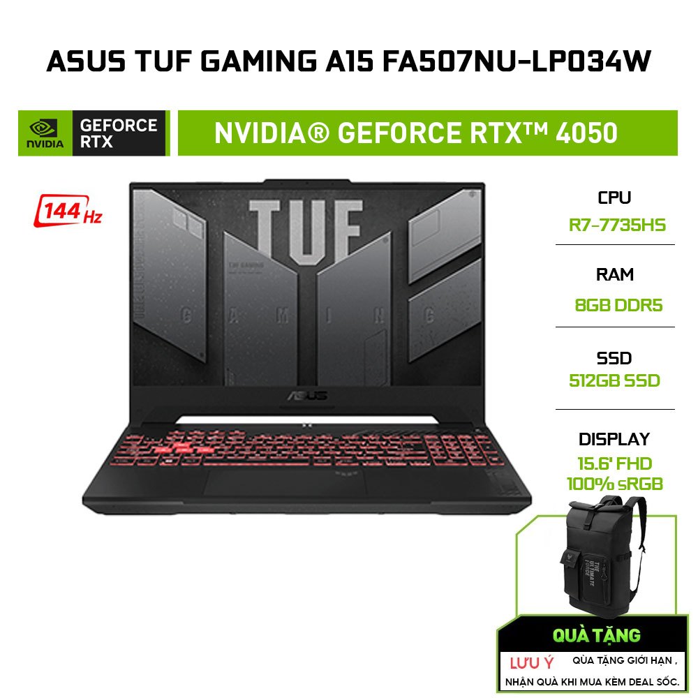 [Mã ELGAMEFEB giảm 10%] Laptop ASUS TUF Gaming A15 FA507NU-LP034W R7-7735HS | 8GB | 512GB | RTX™ 4050 6GB