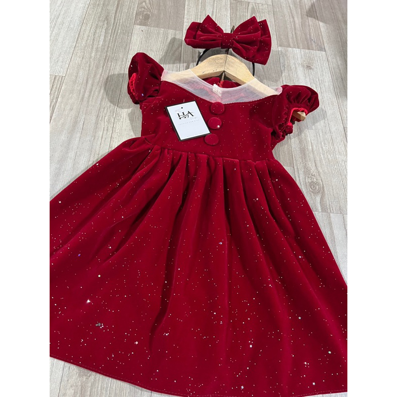 Váy nhung kim tuyến tay bồng tặng kèm nơ xinh xắn cho bé gái