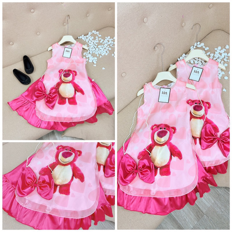 Bộ cách tân gấu dâu ba lỗ cực mát cho bé gái