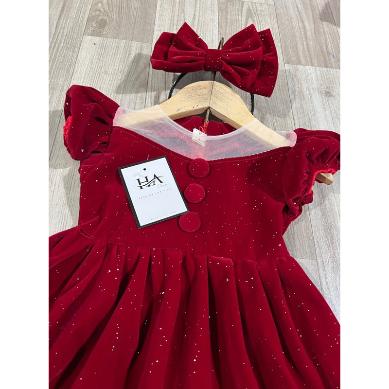 Váy nhung kim tuyến tay bồng tặng kèm nơ xinh xắn cho bé gái
