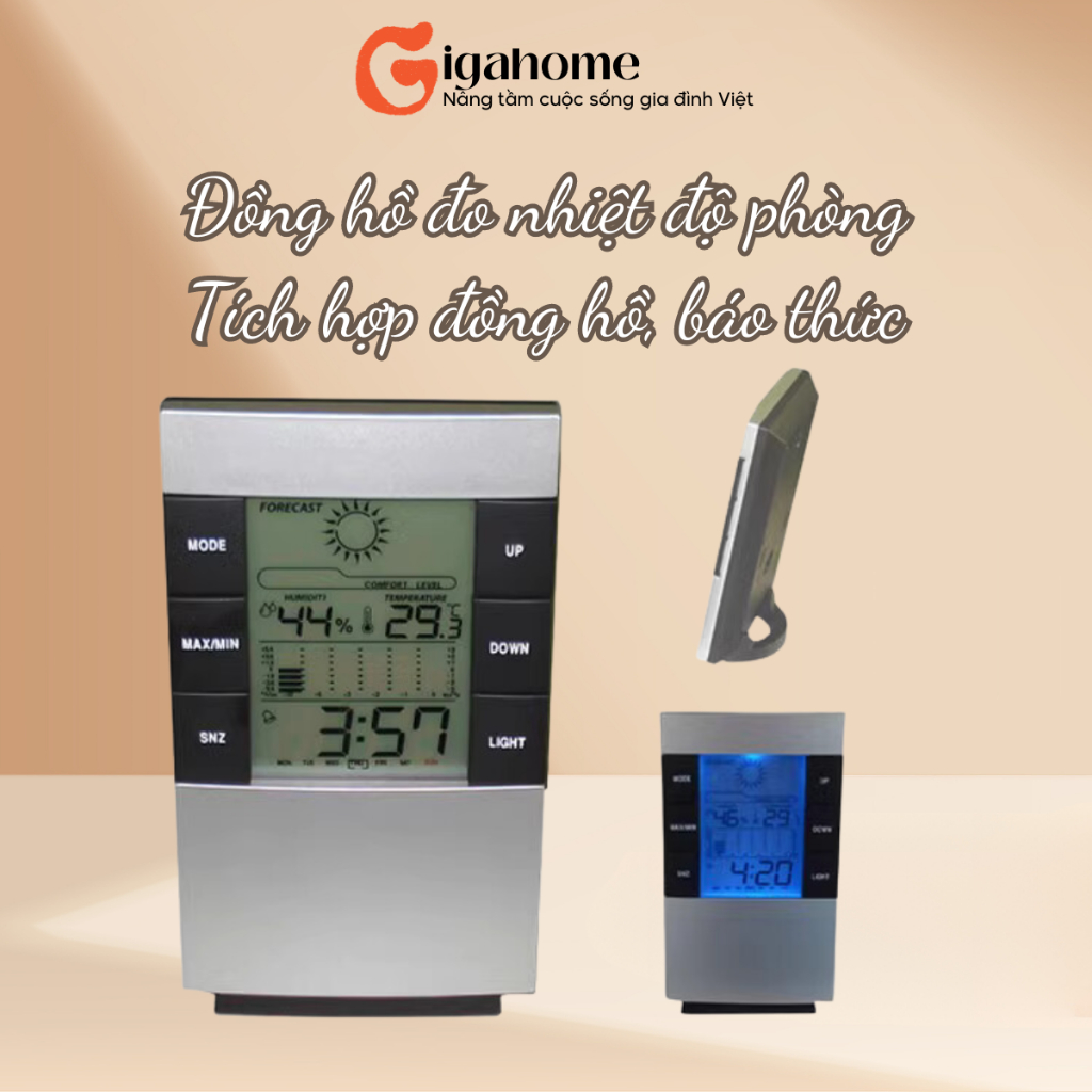 Đồng Hồ Đo Nhiệt Độ Phòng GIGAHOMEVN Hiển Thị Thời Gian Báo Thức Trên Màn Hình LCD 5538