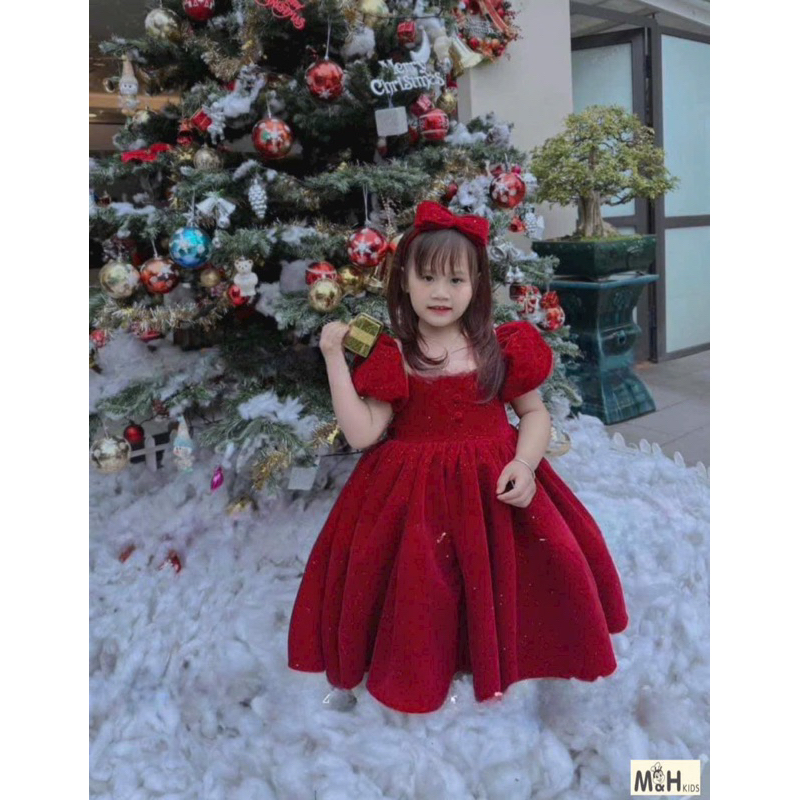 Váy nhung kim tuyến tay bồng tặng kèm nơ xinh xắn cho bé gái