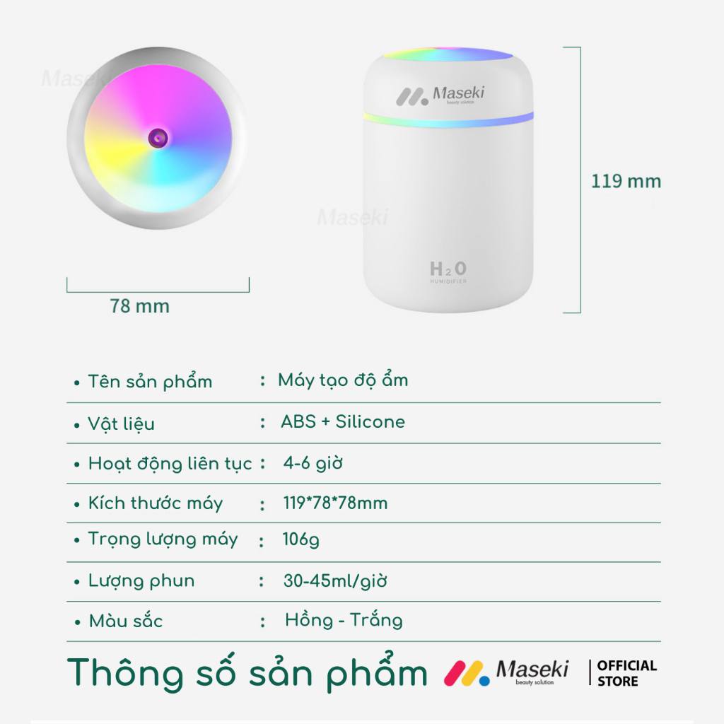 Máy xông tinh dầu MASEKI máy tạo ẩm phun sương khuếch tán tinh dầu có đèn led