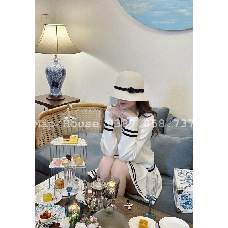 Mũ dạ ép nơ kẻ tiểu thư phong cách Vintage mẫu mới nhất mùa đông 2023