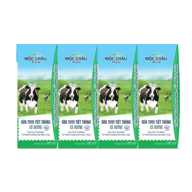 Lốc 4 hộp Sữa tươi tiệt trùng có đường 180ml Mộc Châu Milk (4 Hộp x 180ml)