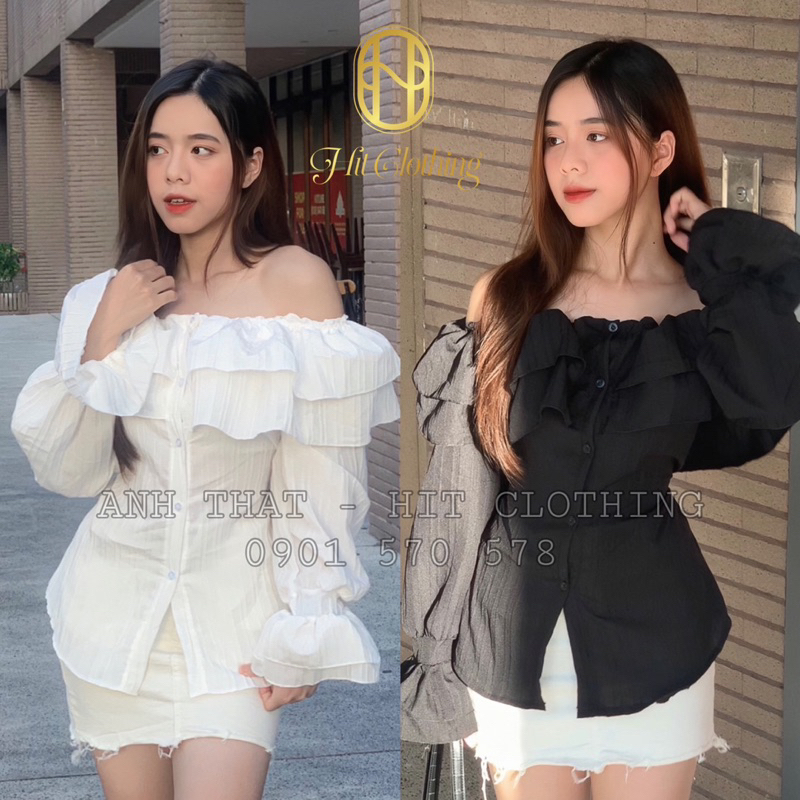 Áo chất đũi gân trễ vai phối bèo tầng tay dài có dây buộc nơ sau - HITAO021
