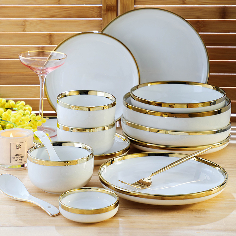 Bộ Bát Đĩa Cao Cấp 32 Món Viền Vàng Phong Cách Bắc Âu Sang Trọng, Sứ Dày Chống Va Đập, Chân Đế Chống Trượt