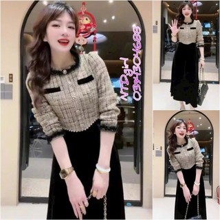 Hàng nhập - Đầm dáng xòe vải dạ phối nhung cổ tròn viền đen, váy xòe Quảng Châu dạo phố hay công sở đều xinh