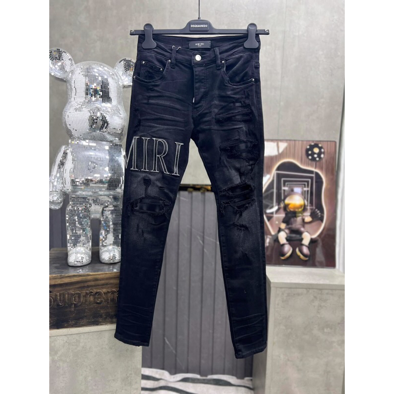 ⚡️[Hight Quality] Hàng Có Sẵn Quần Jeans A Đen Thêu Chữ Da Wash Rách Gối - Form Slimfit -Hàng Loại 1